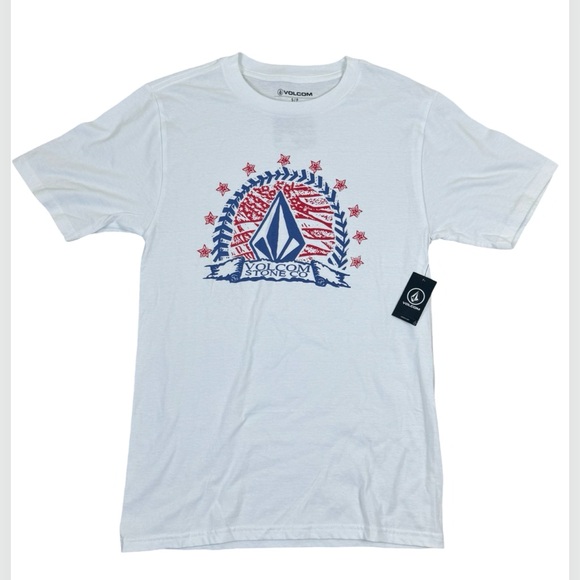 Volcom Huskerdont White Patriotic Stars Graphic Logo Tee Shirt Men’s Small - Picture 1 of 5